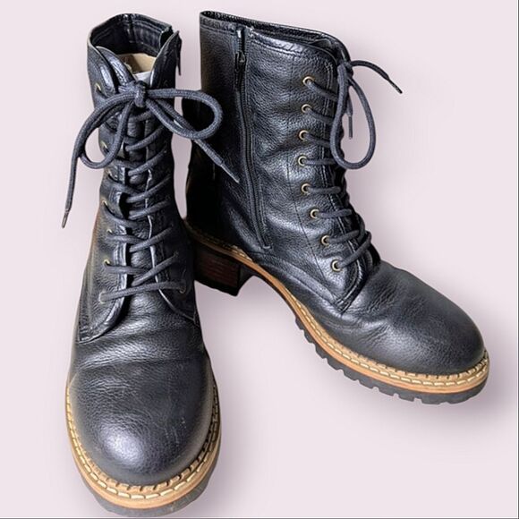 Bertuchi Black Leather Rounded Toe Lace Up Side Zip Lug Sole Combat Boots 10 41 - Picture 1 of 16